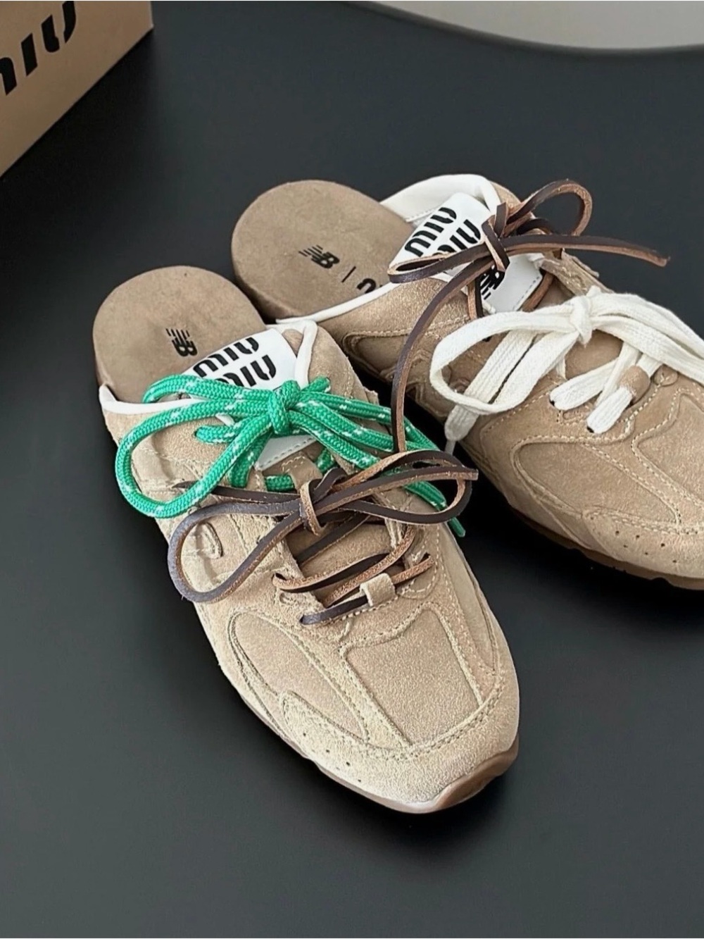 New Balance  Miu Miu Beige Suede Mule Sneakers with Multi-Color Laces